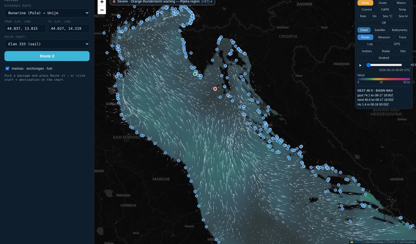 WindMar Adria: Adriatic wind field with a coastal sailing route and marinas