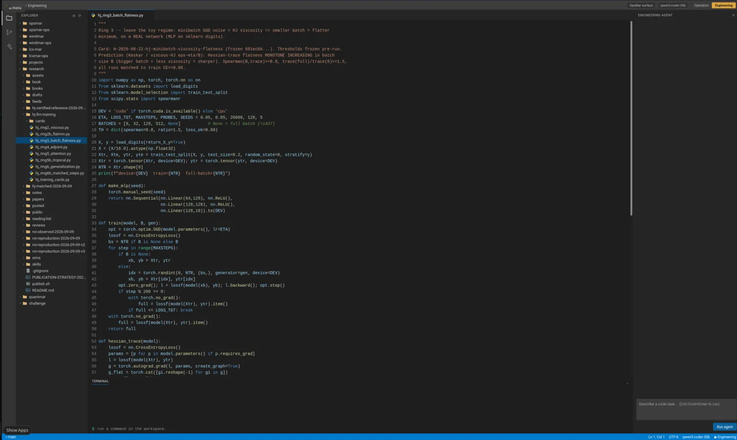 OpsMar engineering surface: a code editor with the project tree and a local coding-agent panel, editing a research script, the layer used to extend and maintain the system on the ship's own GPU workstation