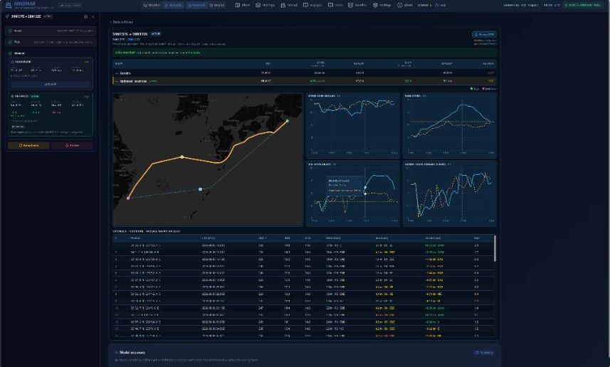 WindMar full analysis — optimized route, voyage charts, weather profiles, and waypoint table
