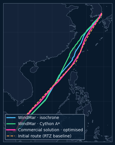 Ulsan-Singapore route comparison
