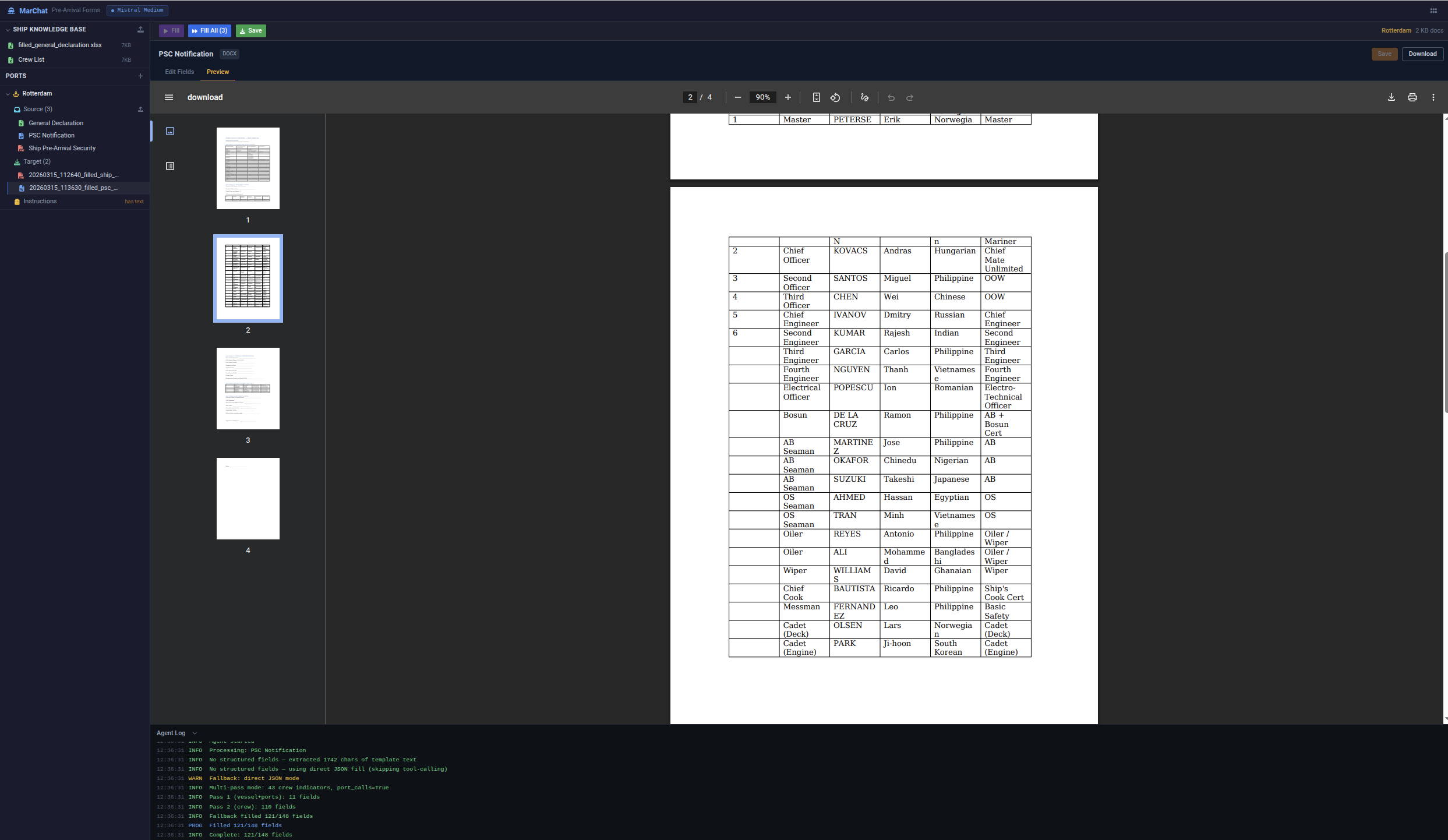 MarChat PSC Notification form — filled DOCX with crew table and agent log showing multi-pass extraction