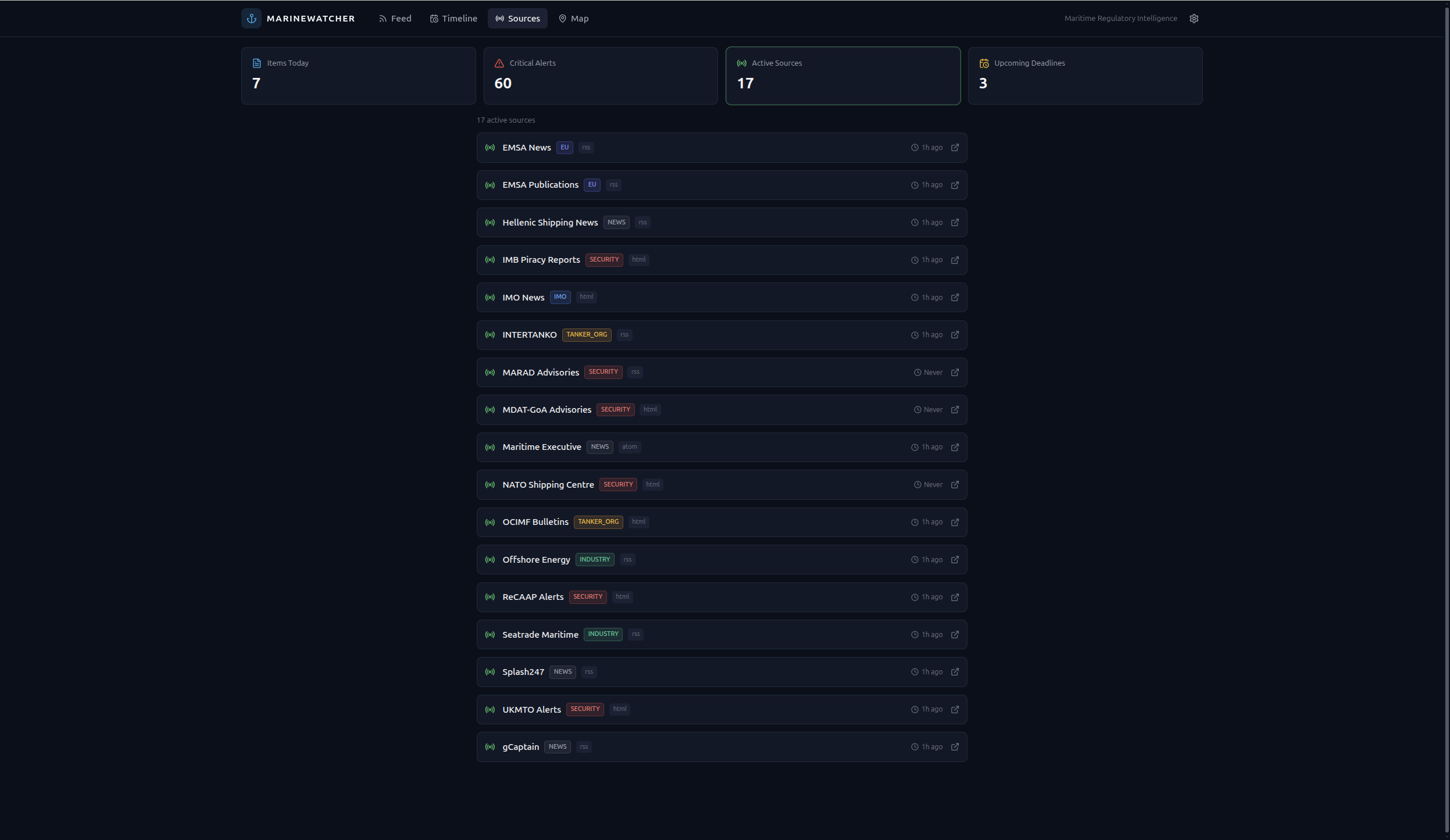 MarineWatcher sources panel