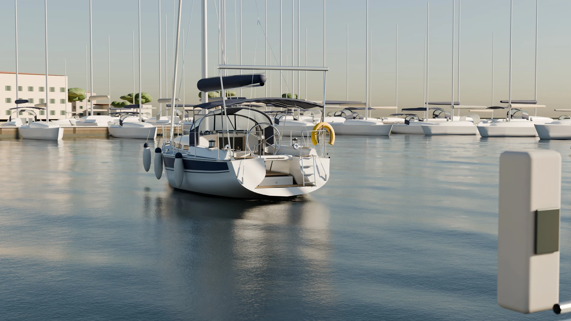 Sailing simulation render of a yacht approaching a berth in Rovinj