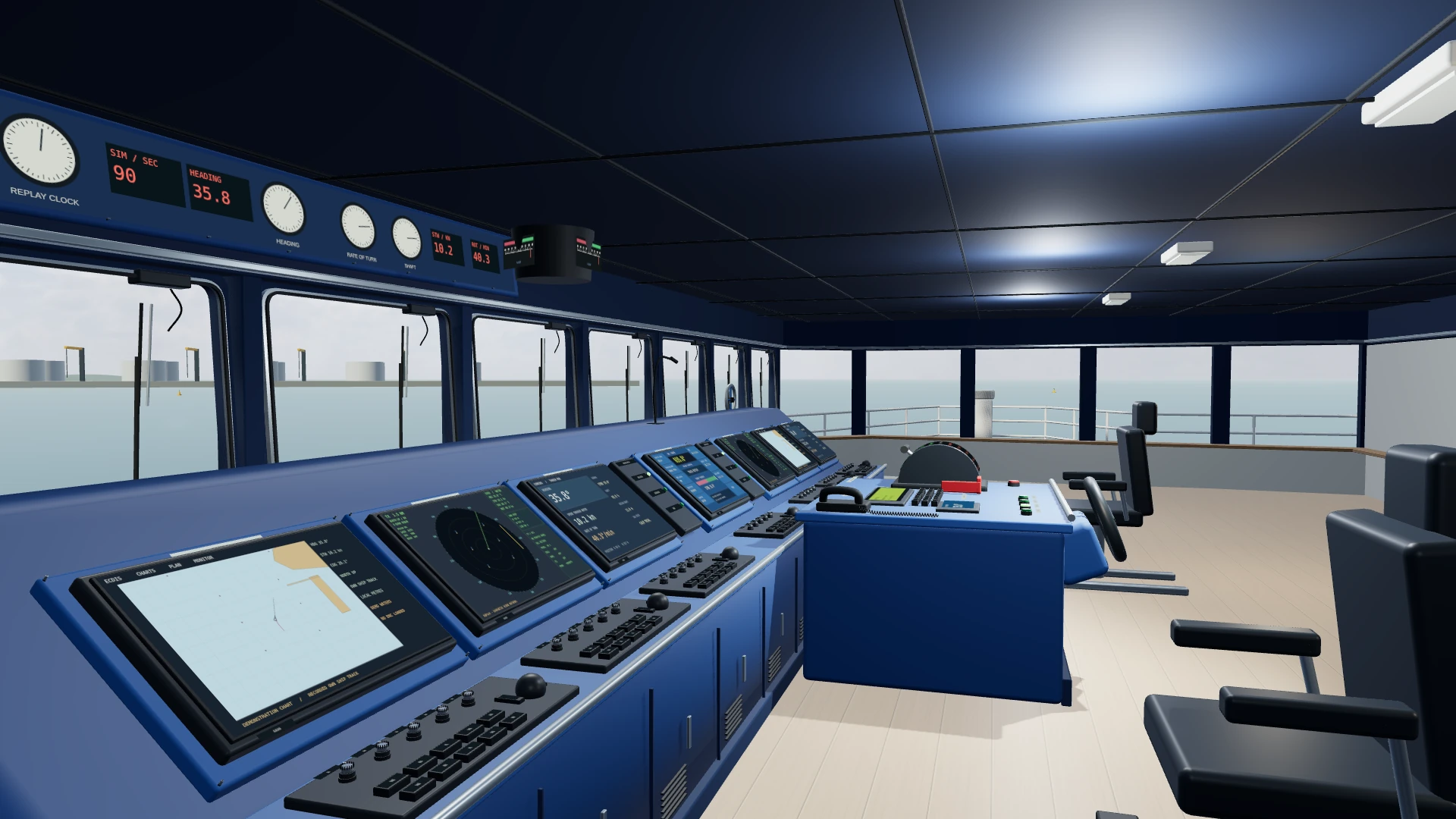 Tanker bridge prototype with blue consoles, helm and engine-control station