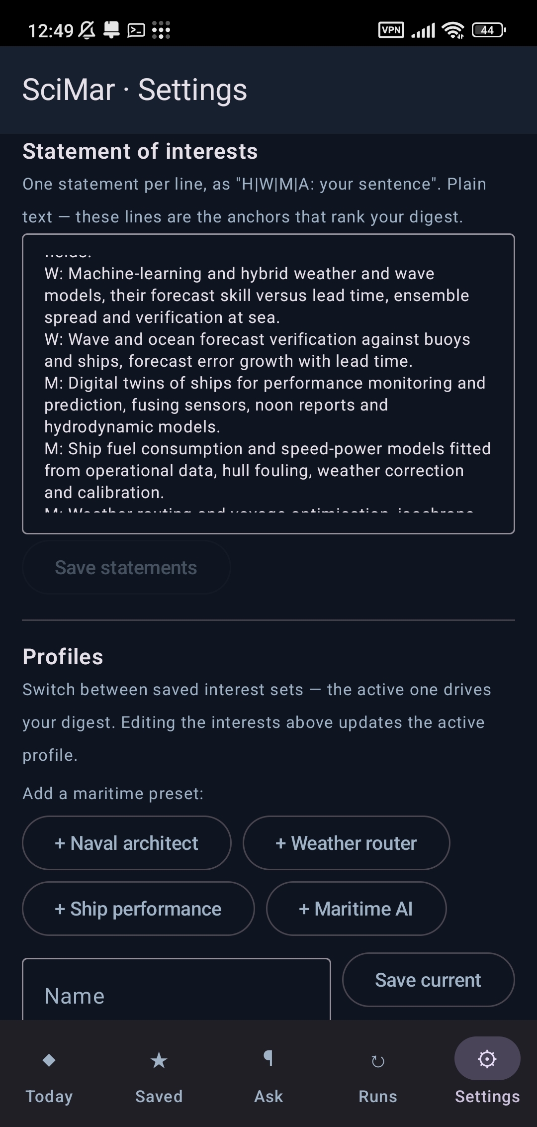 SciMar statement of interests and maritime profiles