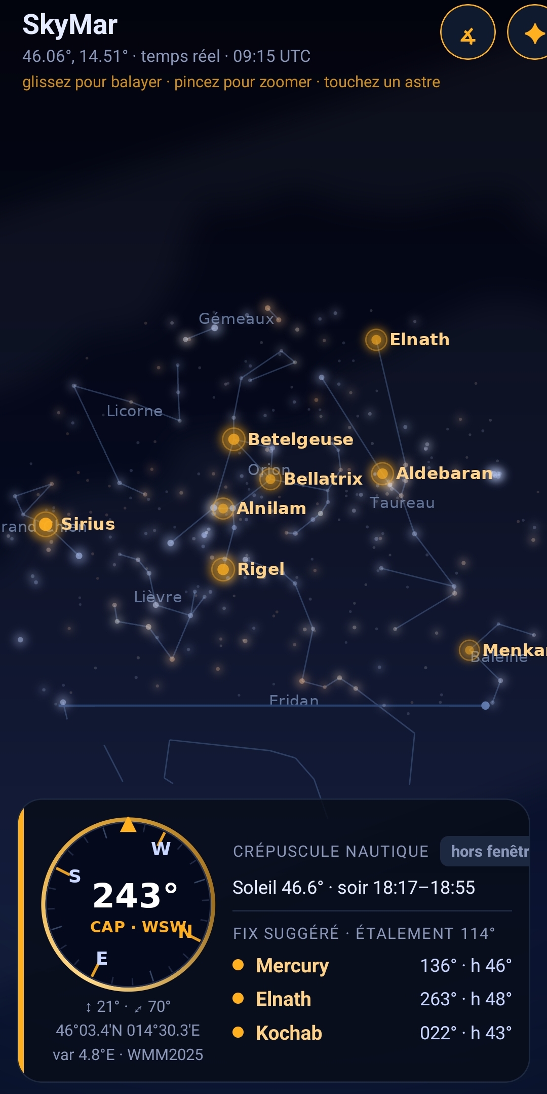 SkyMar — real-time sky with Orion, Sirius, navigational stars, constellations, Milky Way, and brass compass rose